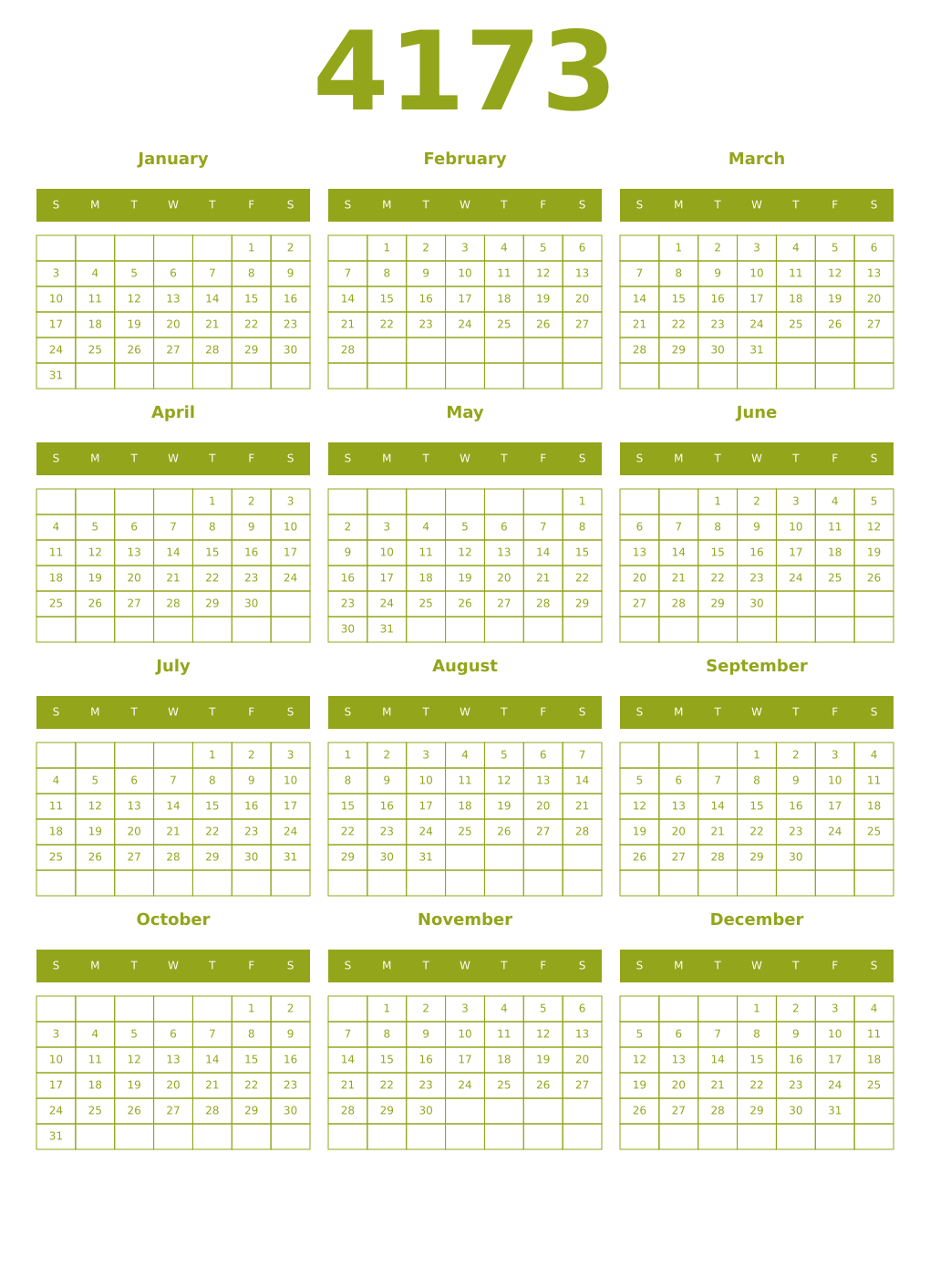 Printable 4173 Year Calendars chartreuse