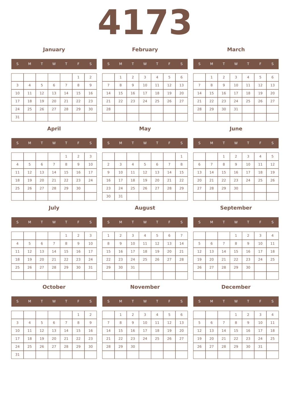 Printable 4173 Year Calendars coffe