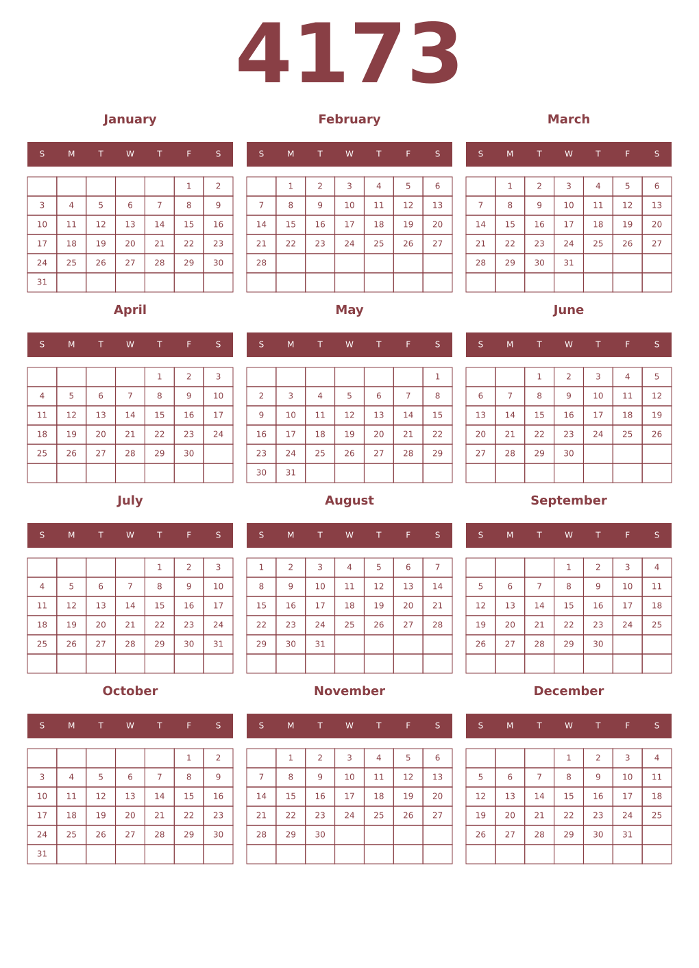 Printable 4173 Year Calendars cordovan