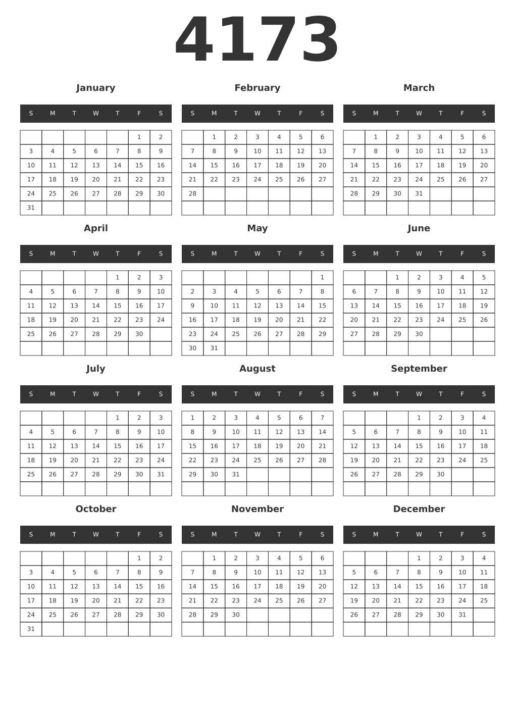 Printable 4173 Year Calendars dark