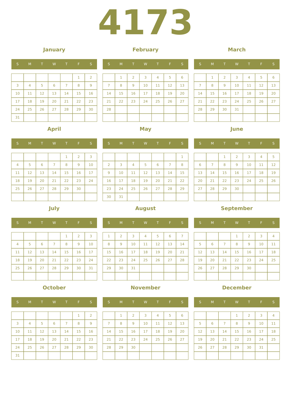 Printable 4173 Year Calendars eburnean
