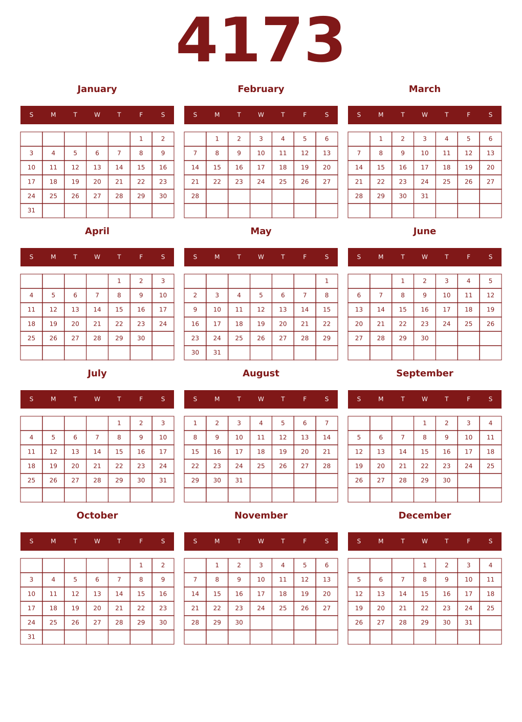 Printable 4173 Year Calendars falu