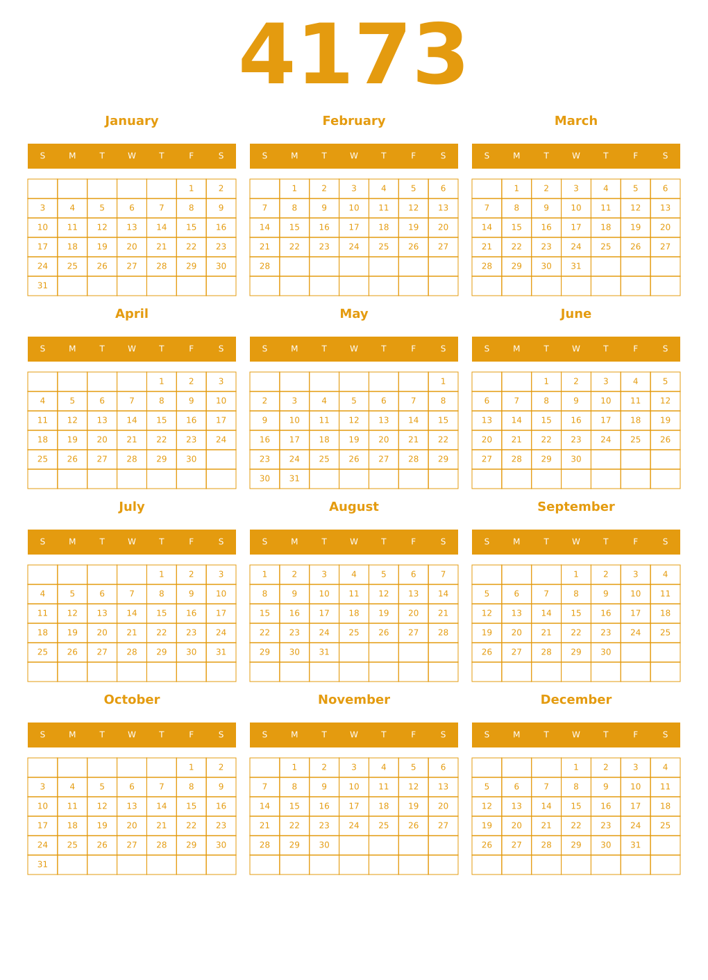 Printable 4173 Year Calendars gamboge