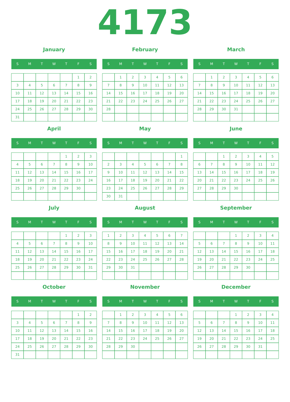 Printable 4173 Year Calendars green