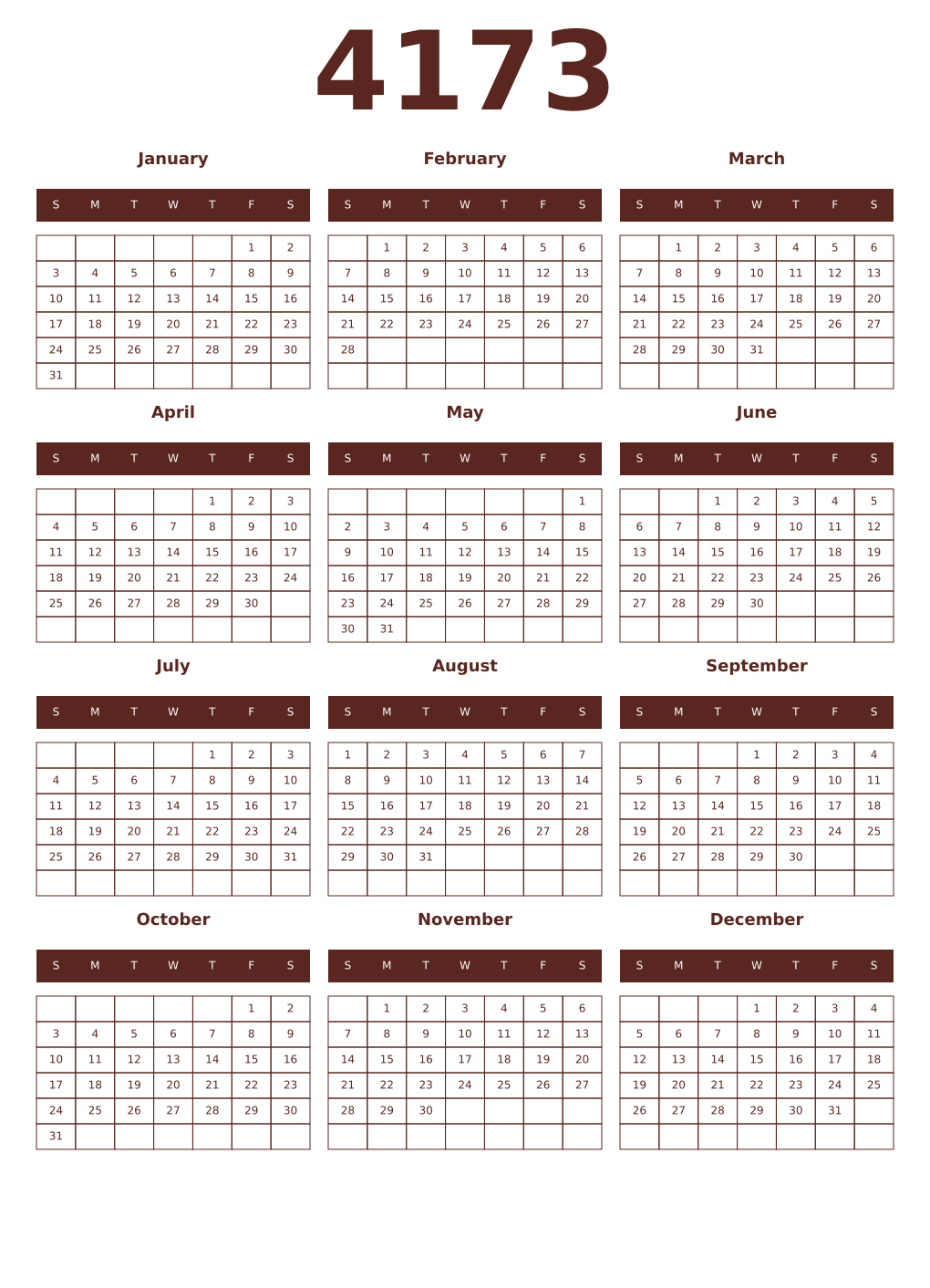 Printable 4173 Year Calendars mortuum