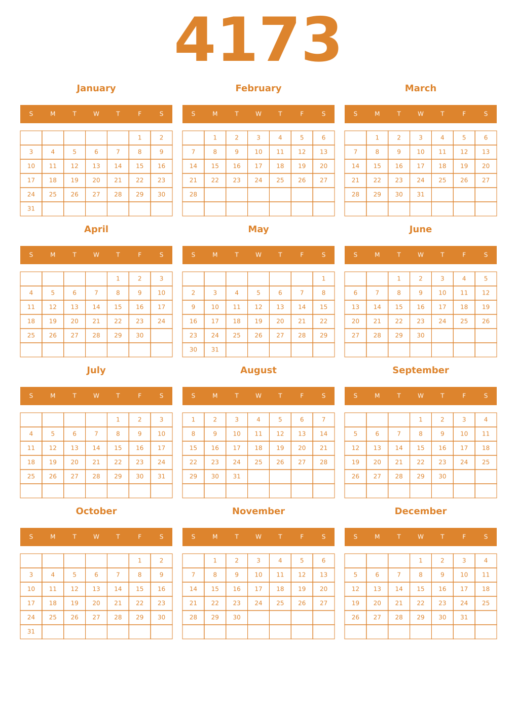 Printable 4173 Year Calendars orange