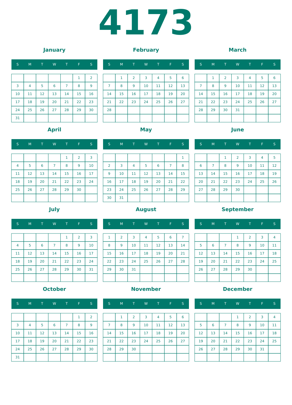 Printable 4173 Year Calendars pastel