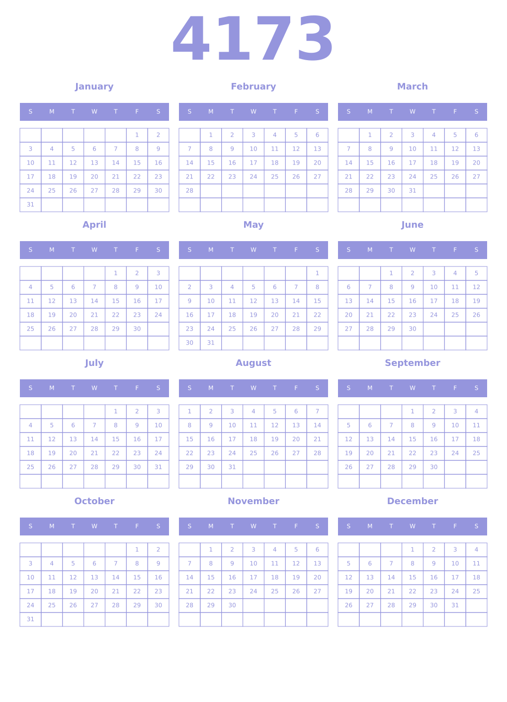 Printable 4173 Year Calendars periwinkle