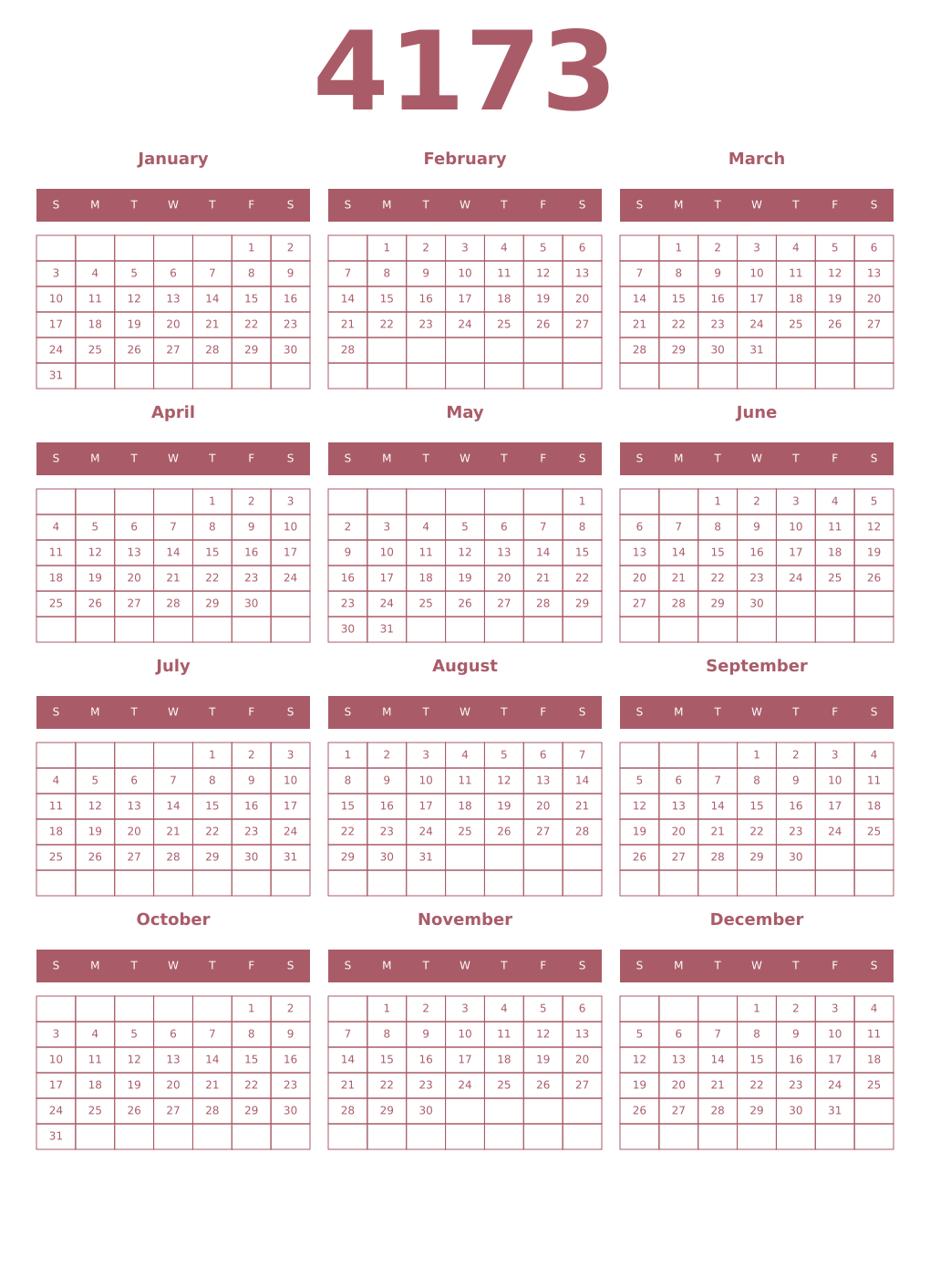 Printable 4173 Year Calendars puce