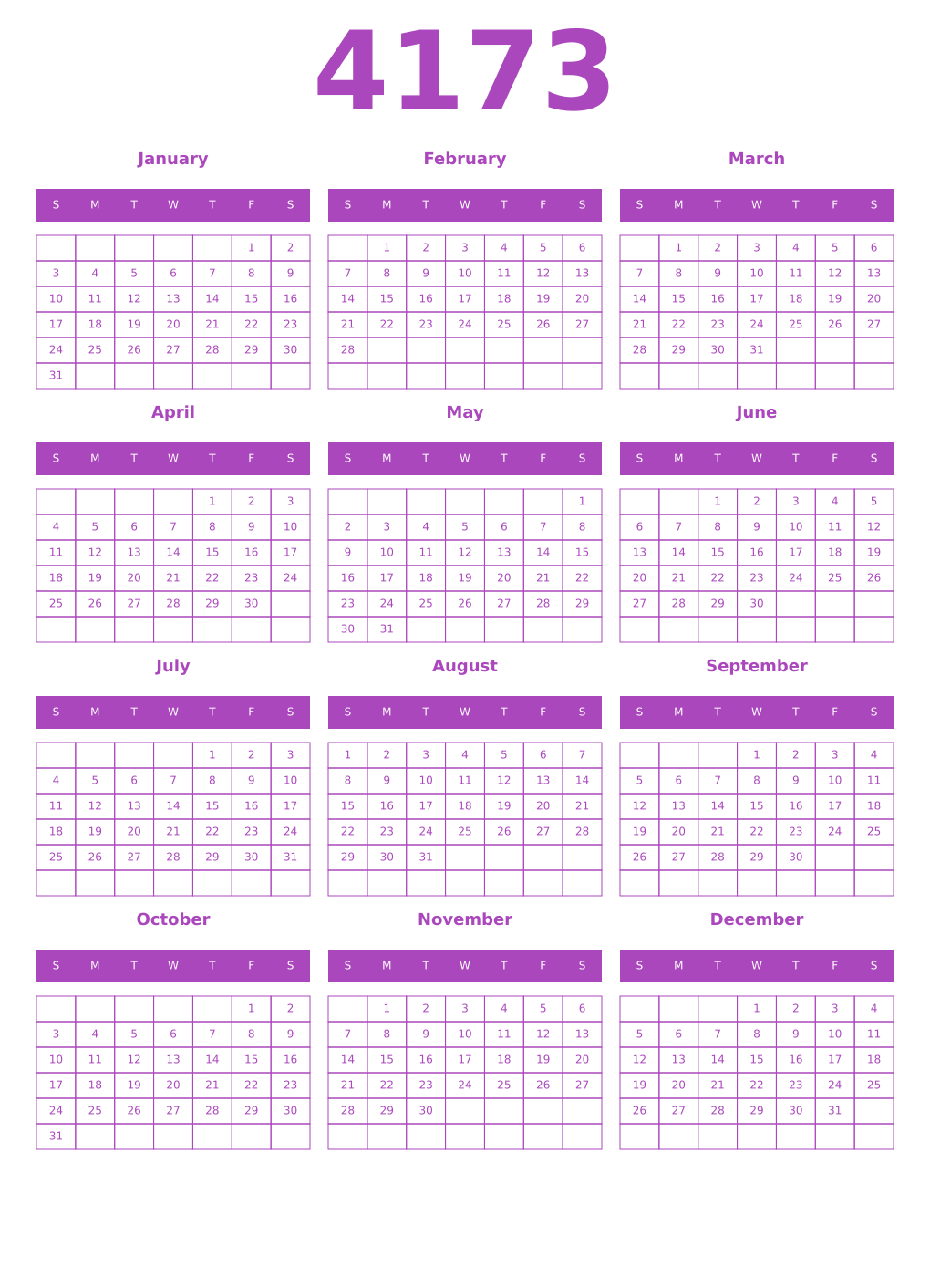 Printable 4173 Year Calendars purple