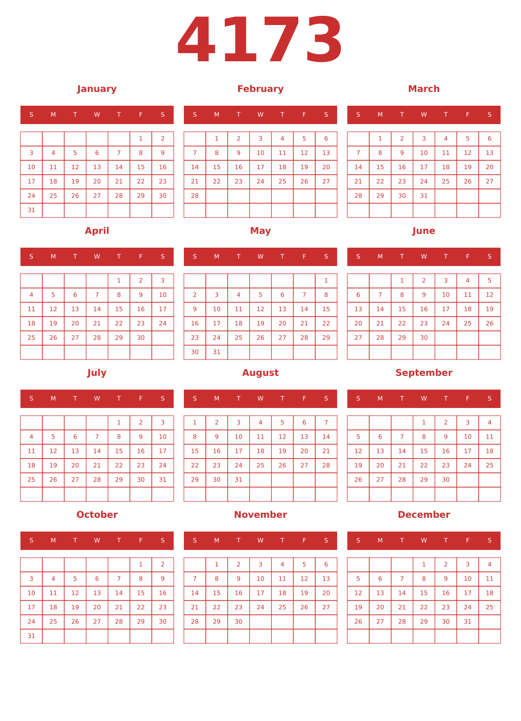 Printable 4173 Year Calendars red