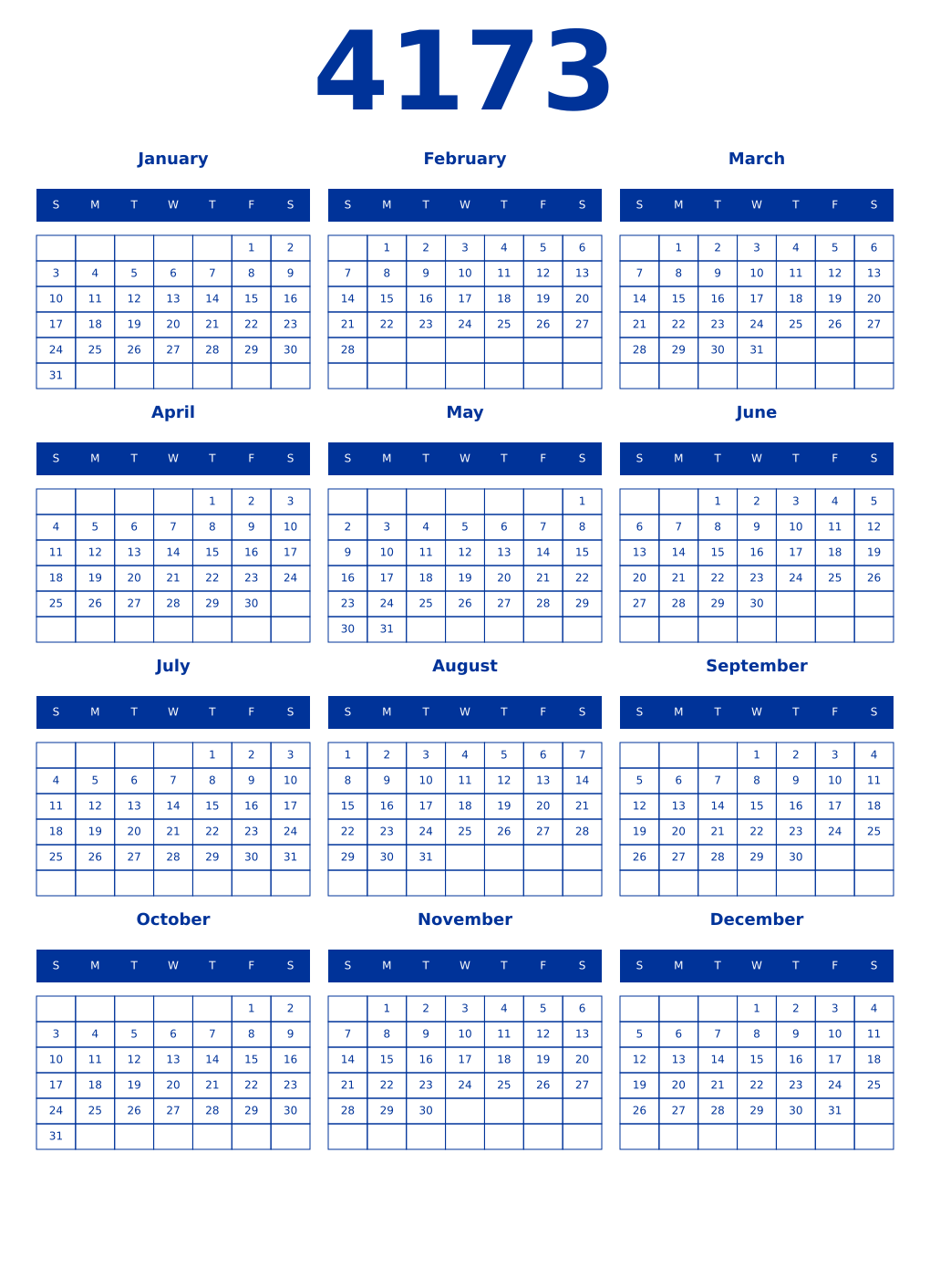 Printable 4173 Year Calendars smalt