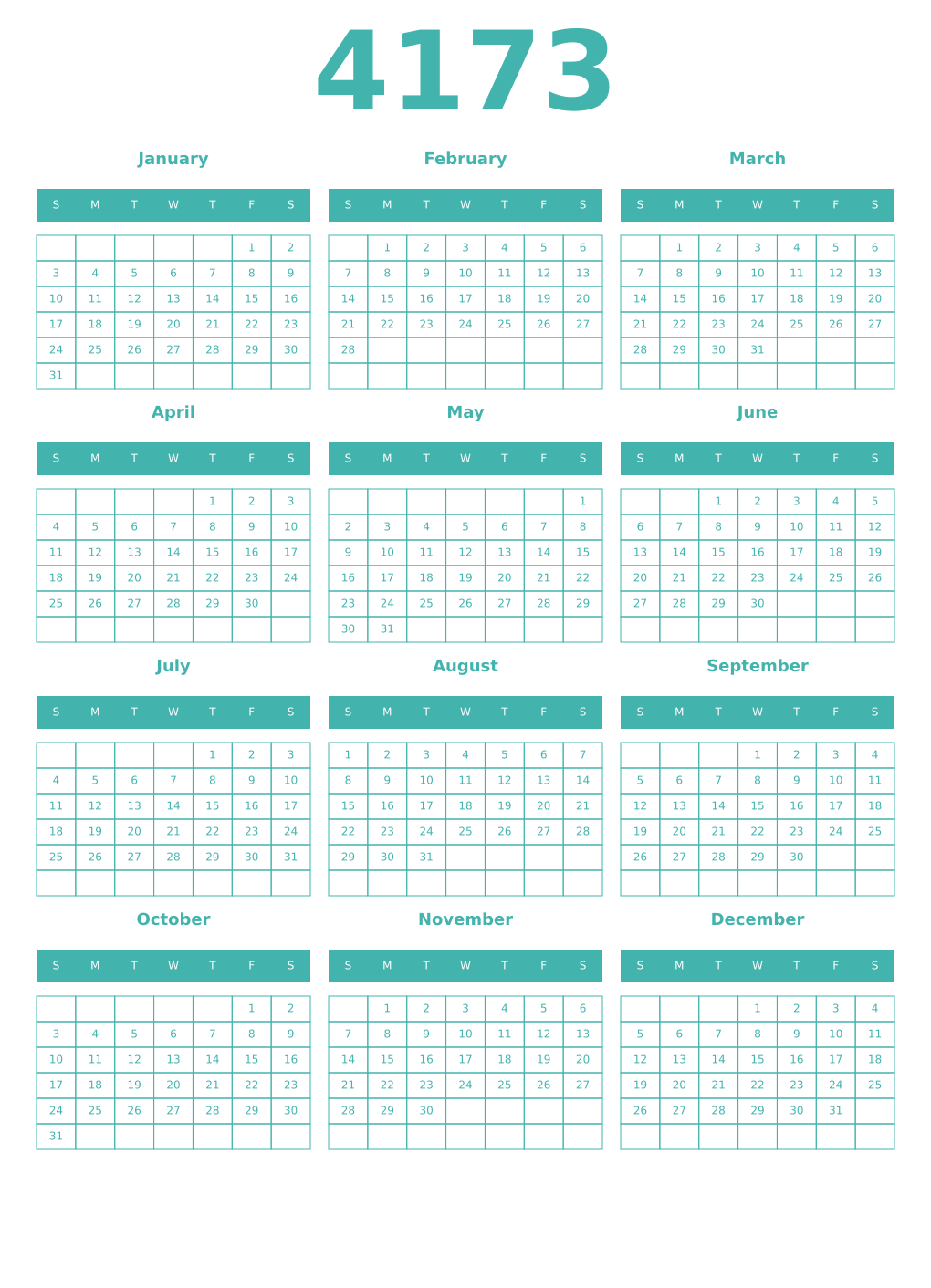 Printable 4173 Year Calendars verdigris