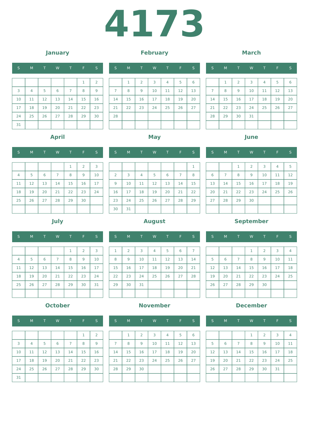 Printable 4173 Year Calendars viridian