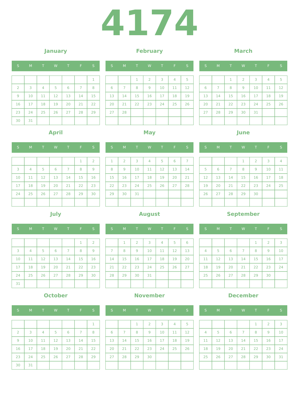 Printable 4174 Year Calendars celadon