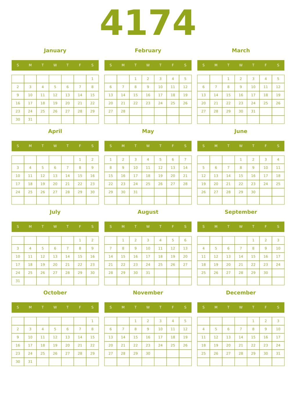 Printable 4174 Year Calendars chartreuse