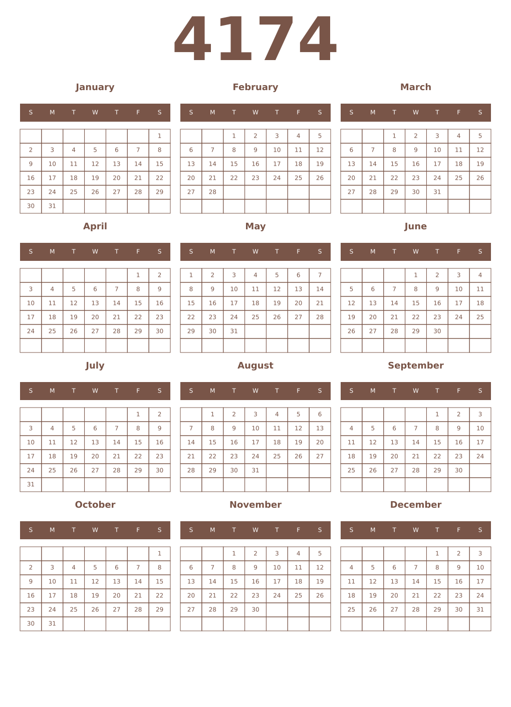 Printable 4174 Year Calendars coffe