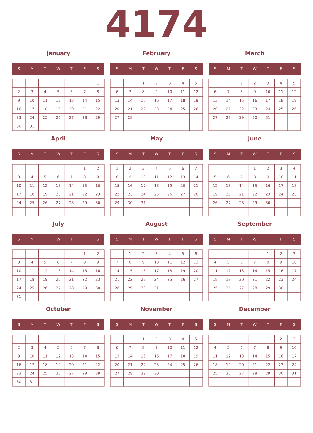 Printable 4174 Year Calendars cordovan