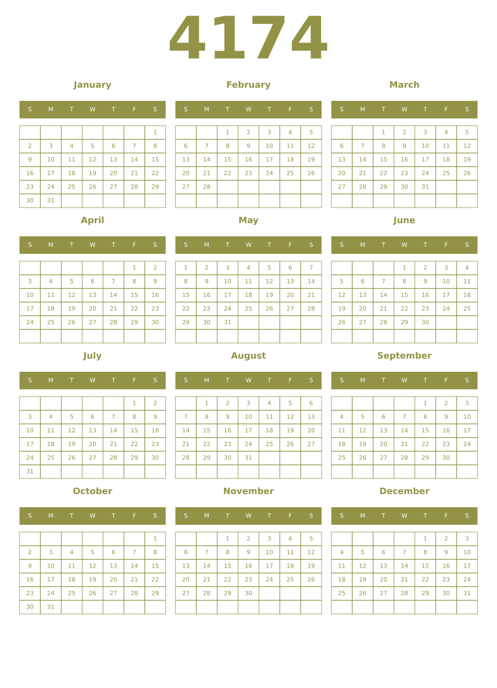 Printable 4174 Year Calendars eburnean