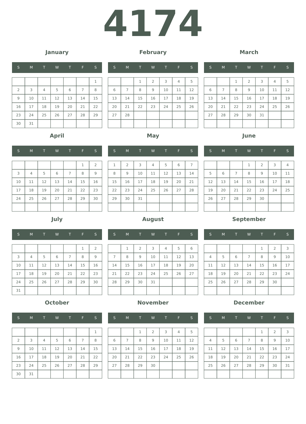 Printable 4174 Year Calendars feldgrau