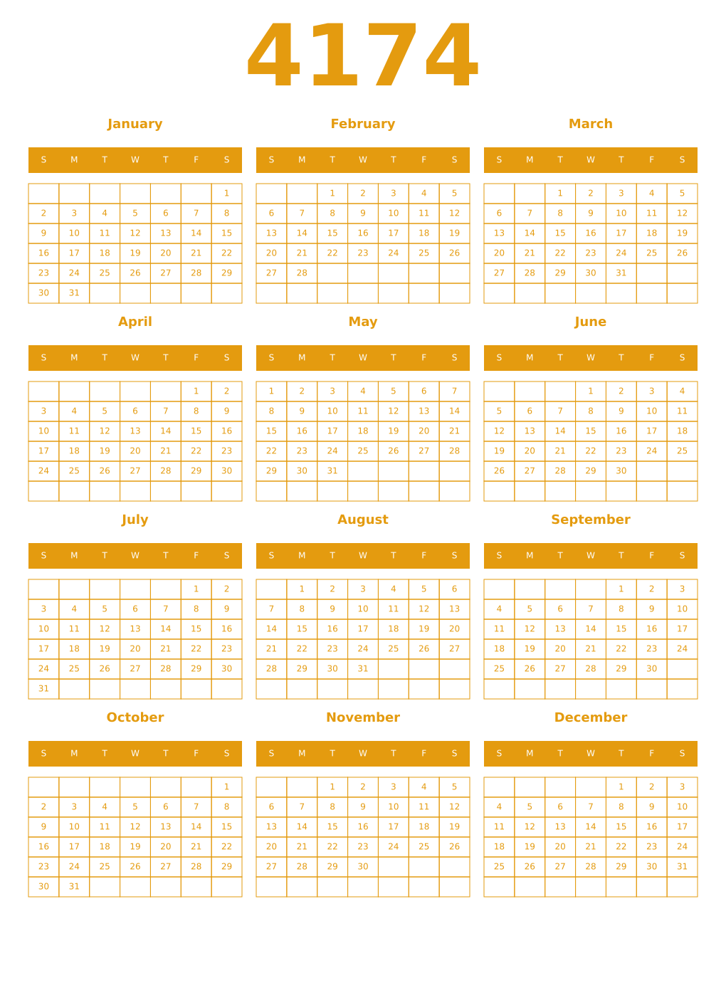 Printable 4174 Year Calendars gamboge