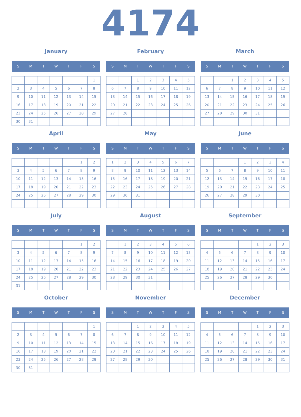 Printable 4174 Year Calendars glaucous