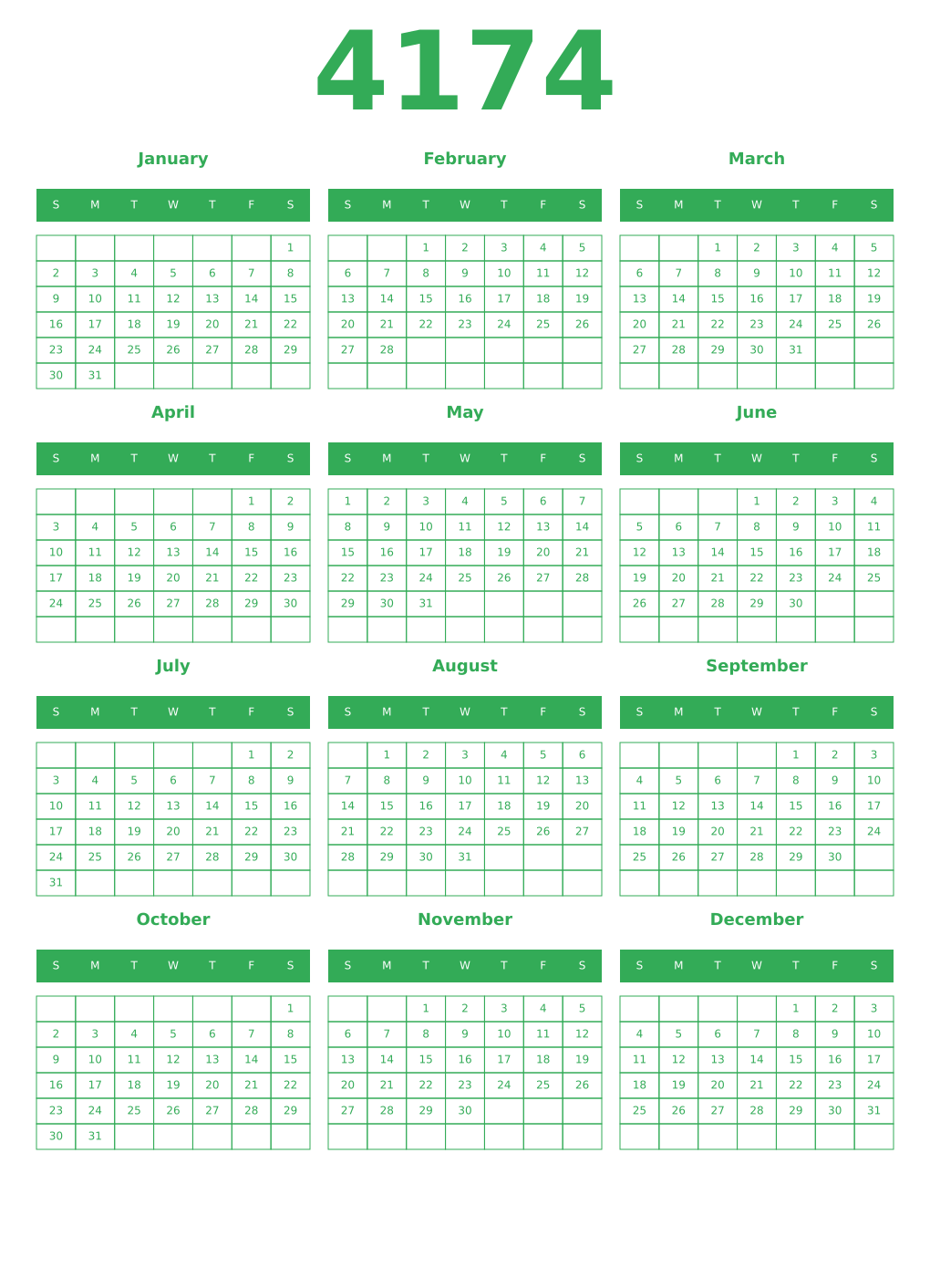 Printable 4174 Year Calendars green