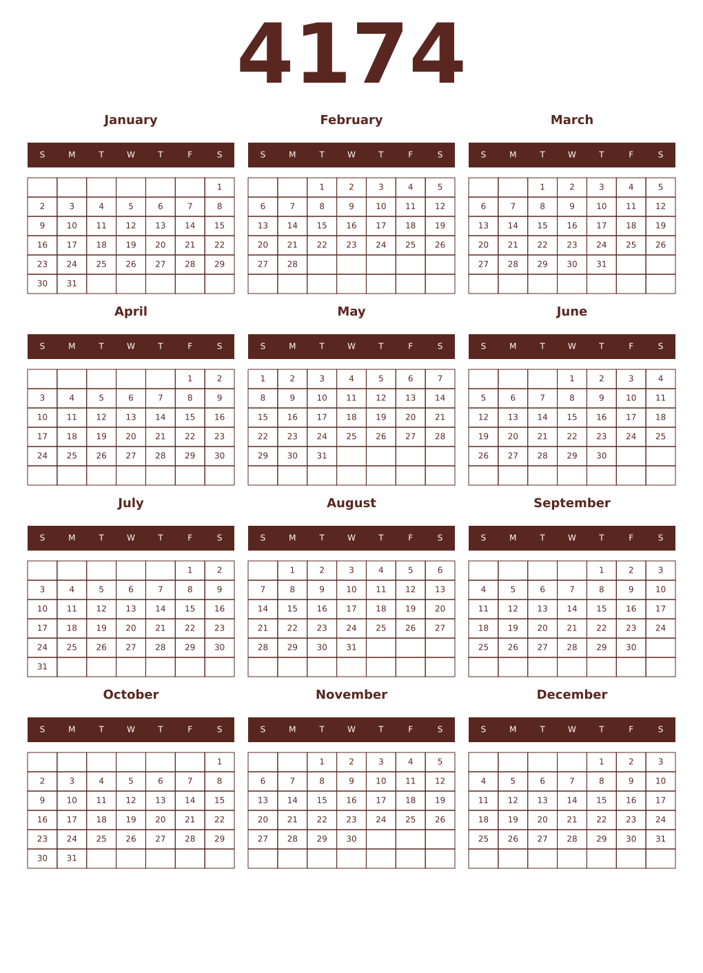 Printable 4174 Year Calendars mortuum