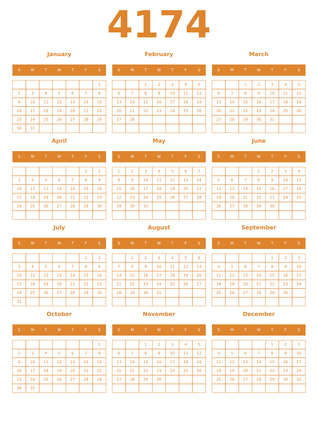 Printable 4174 Year Calendars orange
