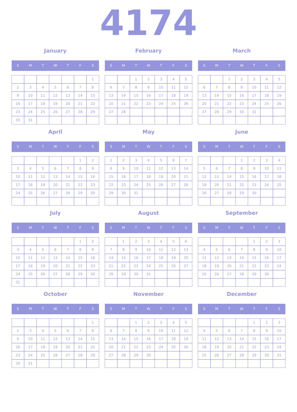 Printable 4174 Year Calendars periwinkle
