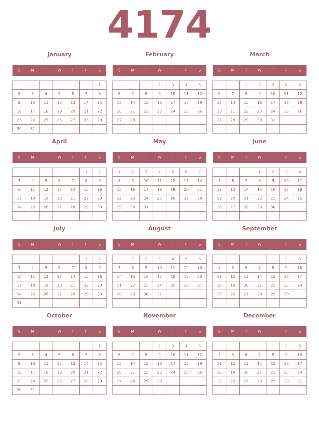 Printable 4174 Year Calendars puce
