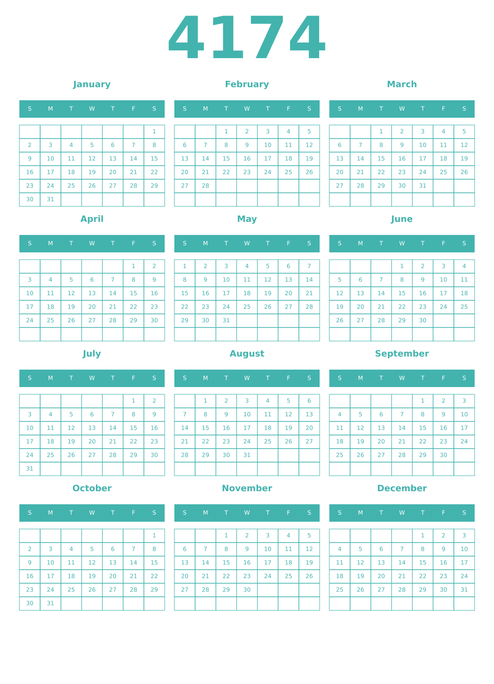 Printable 4174 Year Calendars verdigris