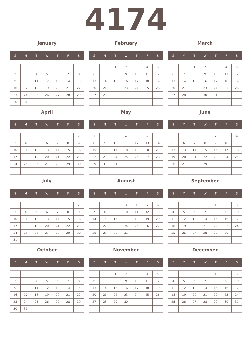 Printable 4174 Year Calendars wenge