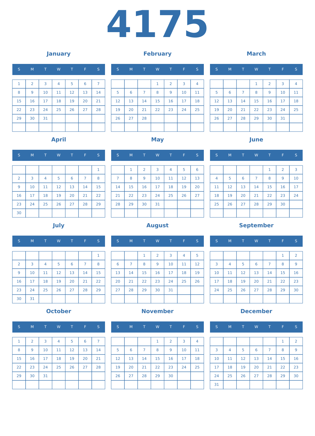 Printable 4175 Year Calendars blue