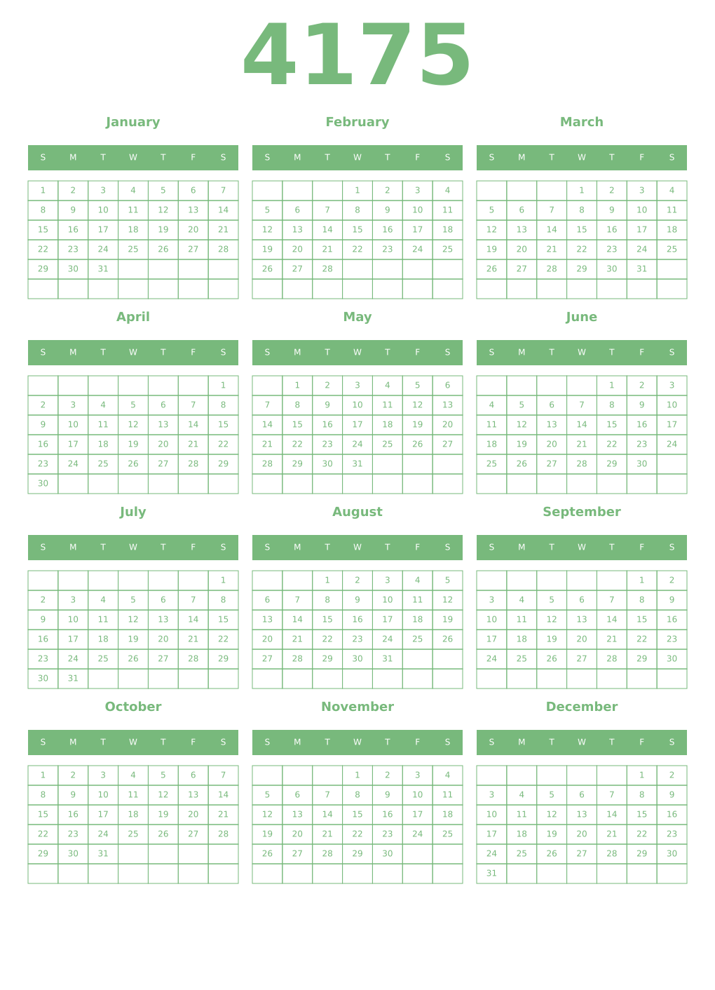 Printable 4175 Year Calendars celadon