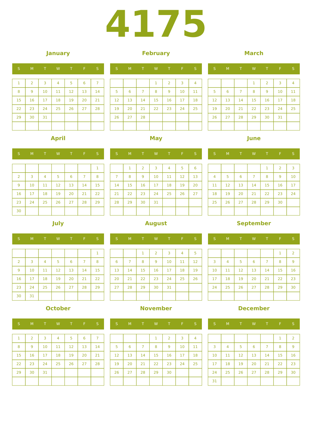 Printable 4175 Year Calendars chartreuse