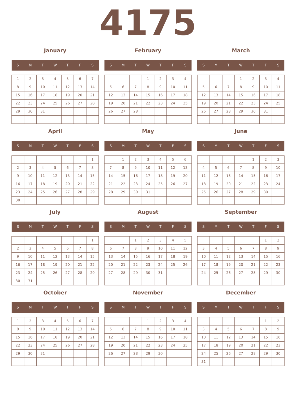Printable 4175 Year Calendars coffe