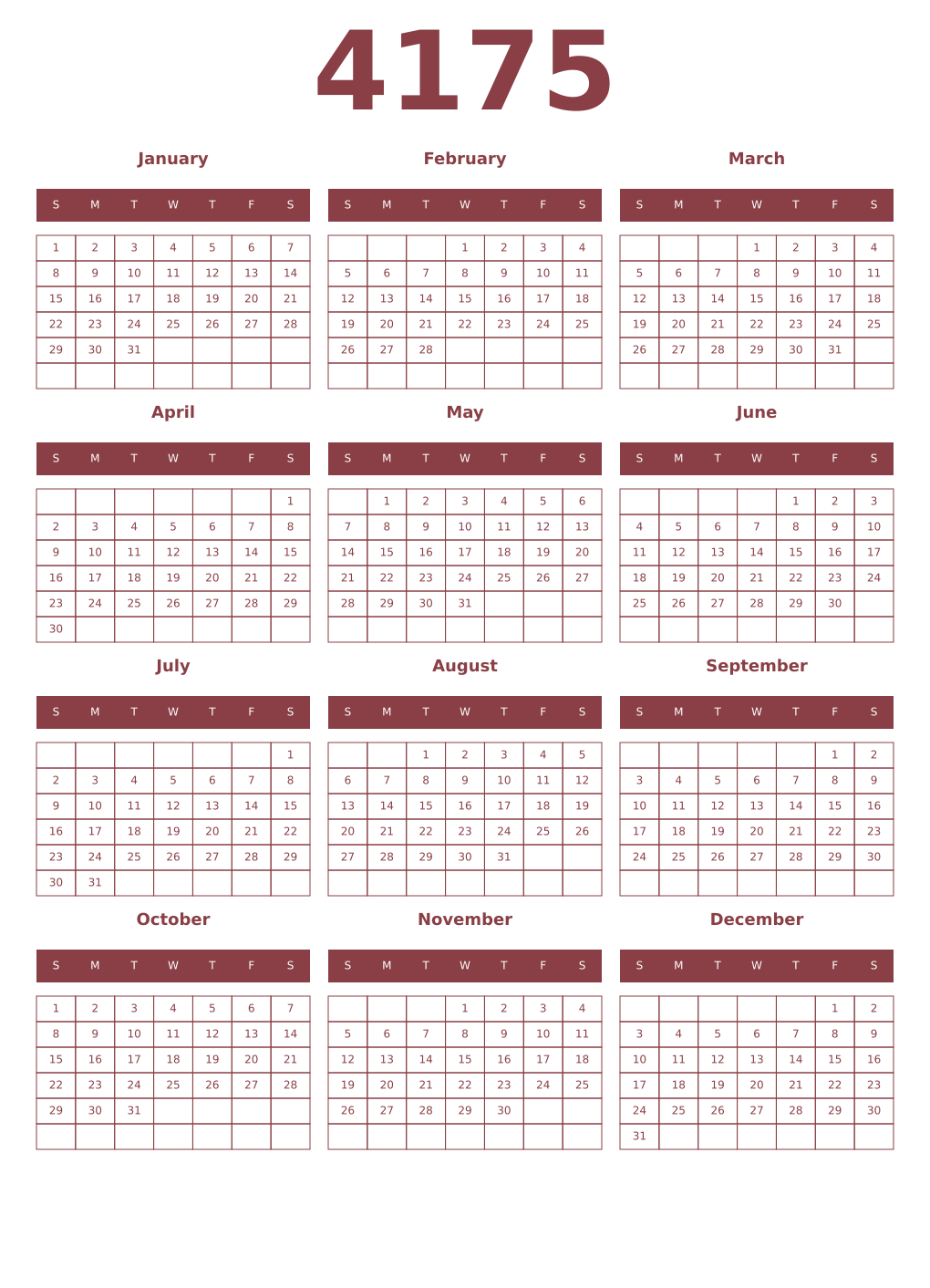 Printable 4175 Year Calendars cordovan