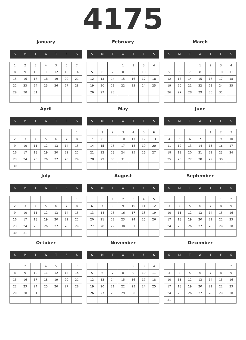 Printable 4175 Year Calendars dark