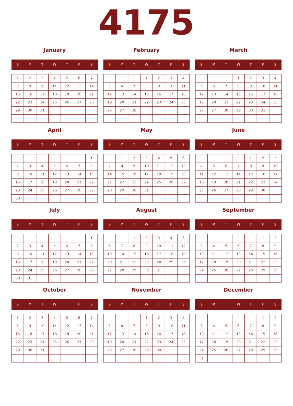Printable 4175 Year Calendars falu