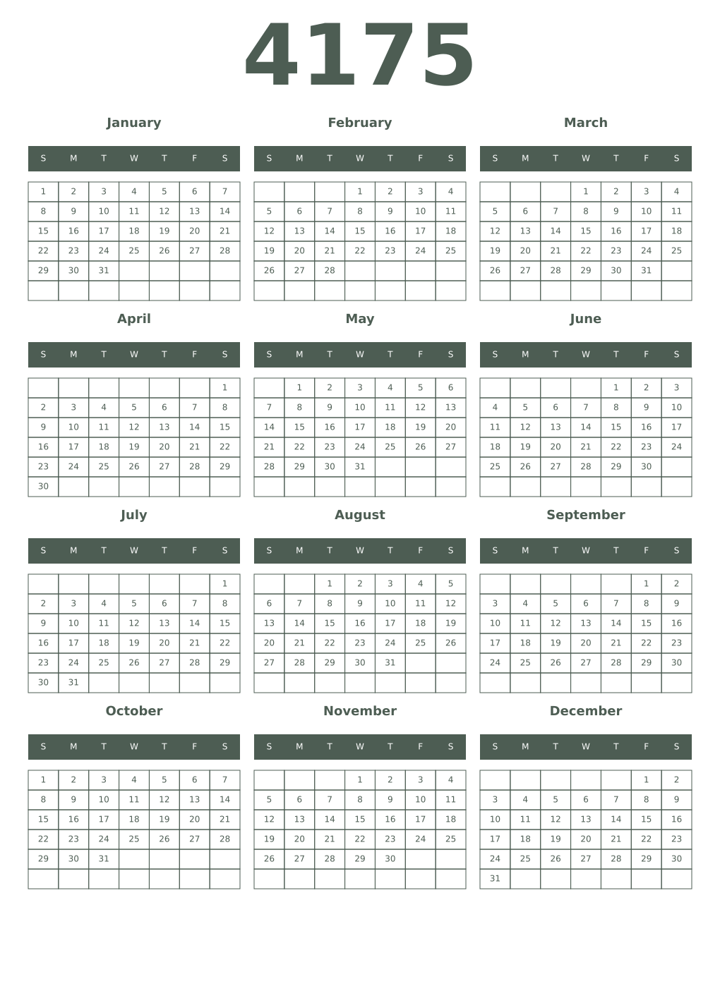Printable 4175 Year Calendars feldgrau