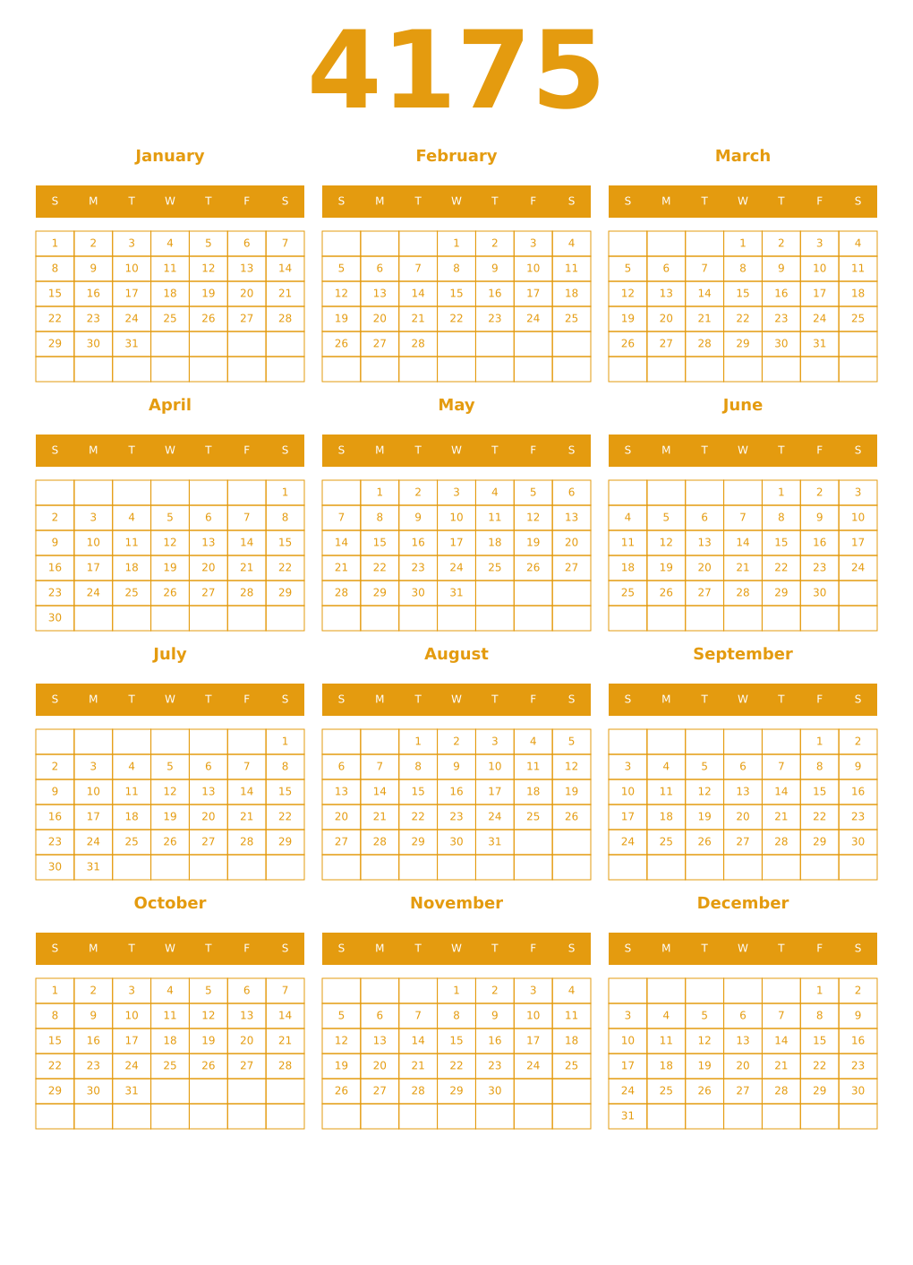 Printable 4175 Year Calendars gamboge