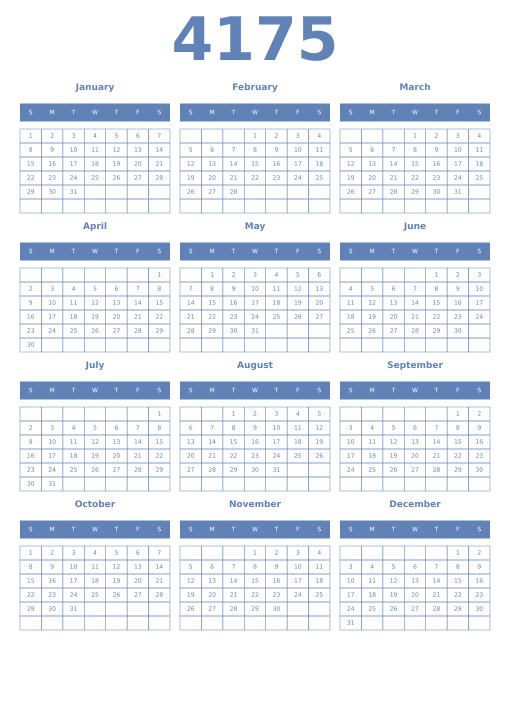 Printable 4175 Year Calendars glaucous