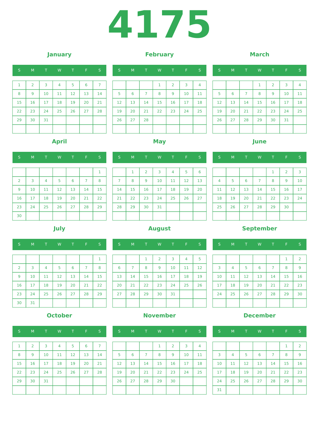 Printable 4175 Year Calendars green
