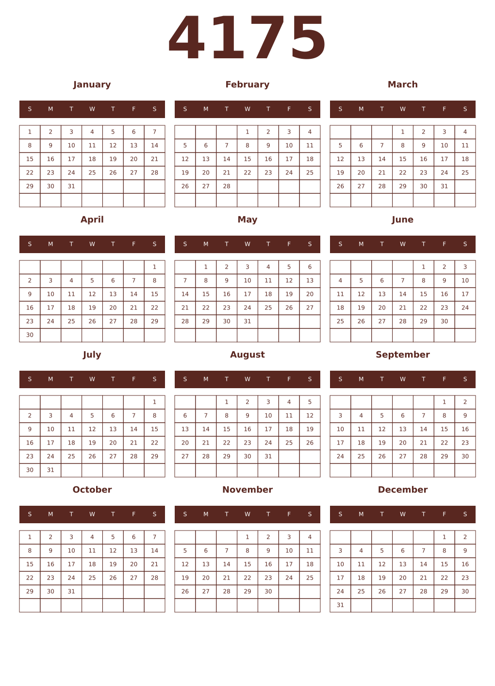 Printable 4175 Year Calendars mortuum
