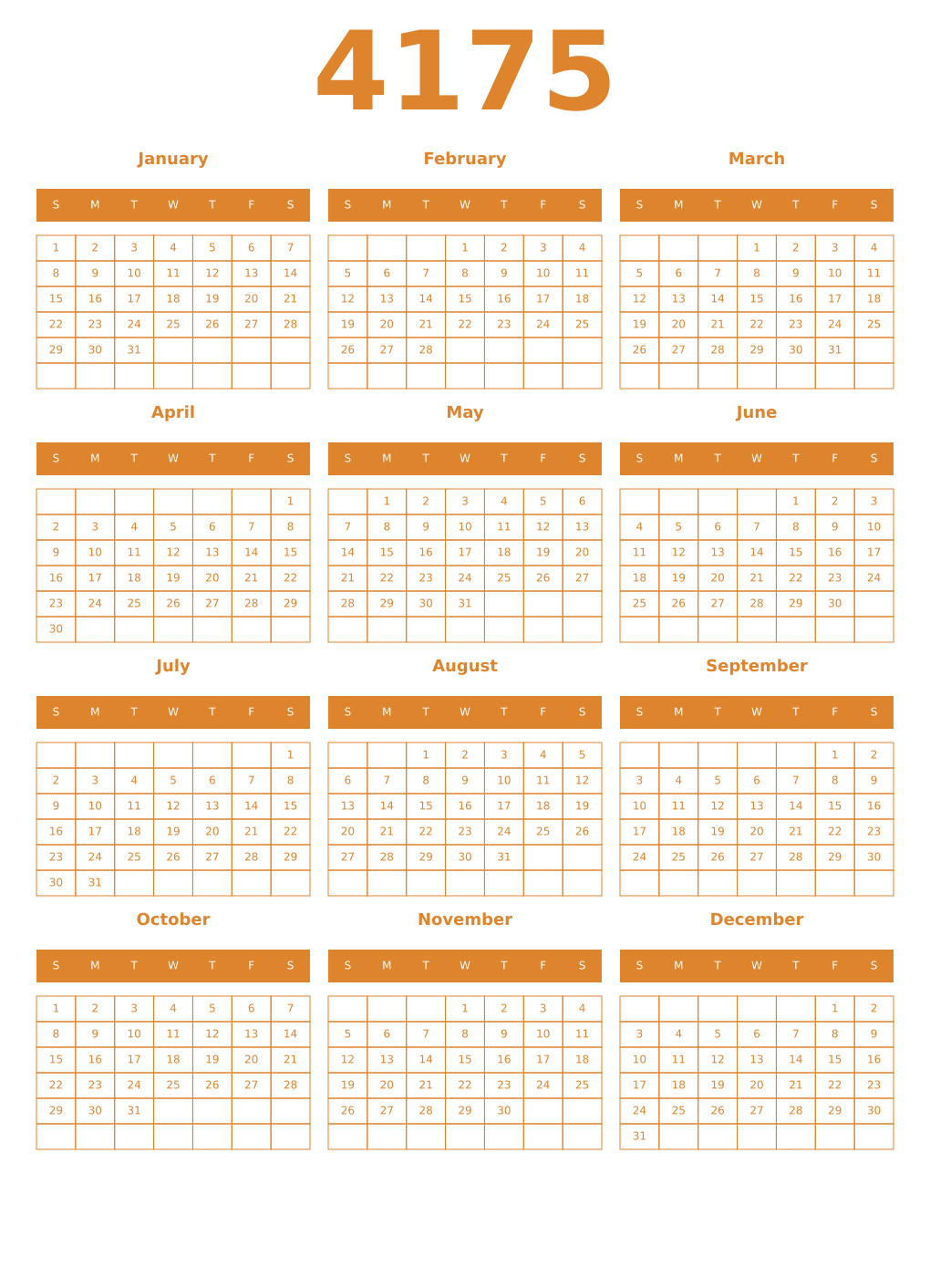 Printable 4175 Year Calendars orange