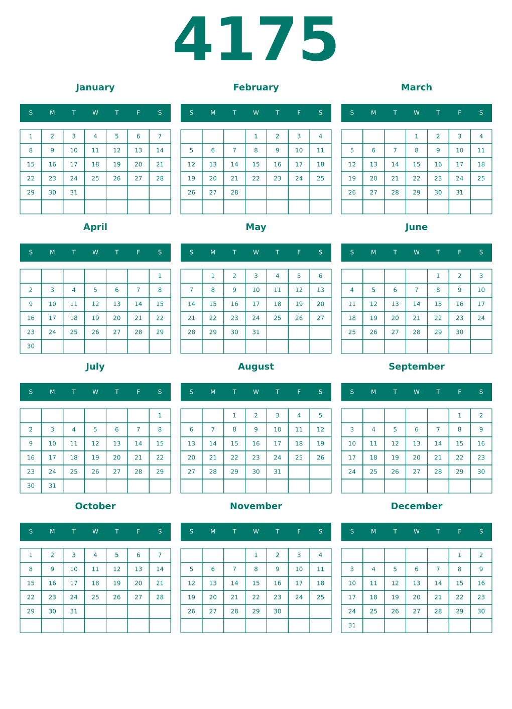 Printable 4175 Year Calendars pastel