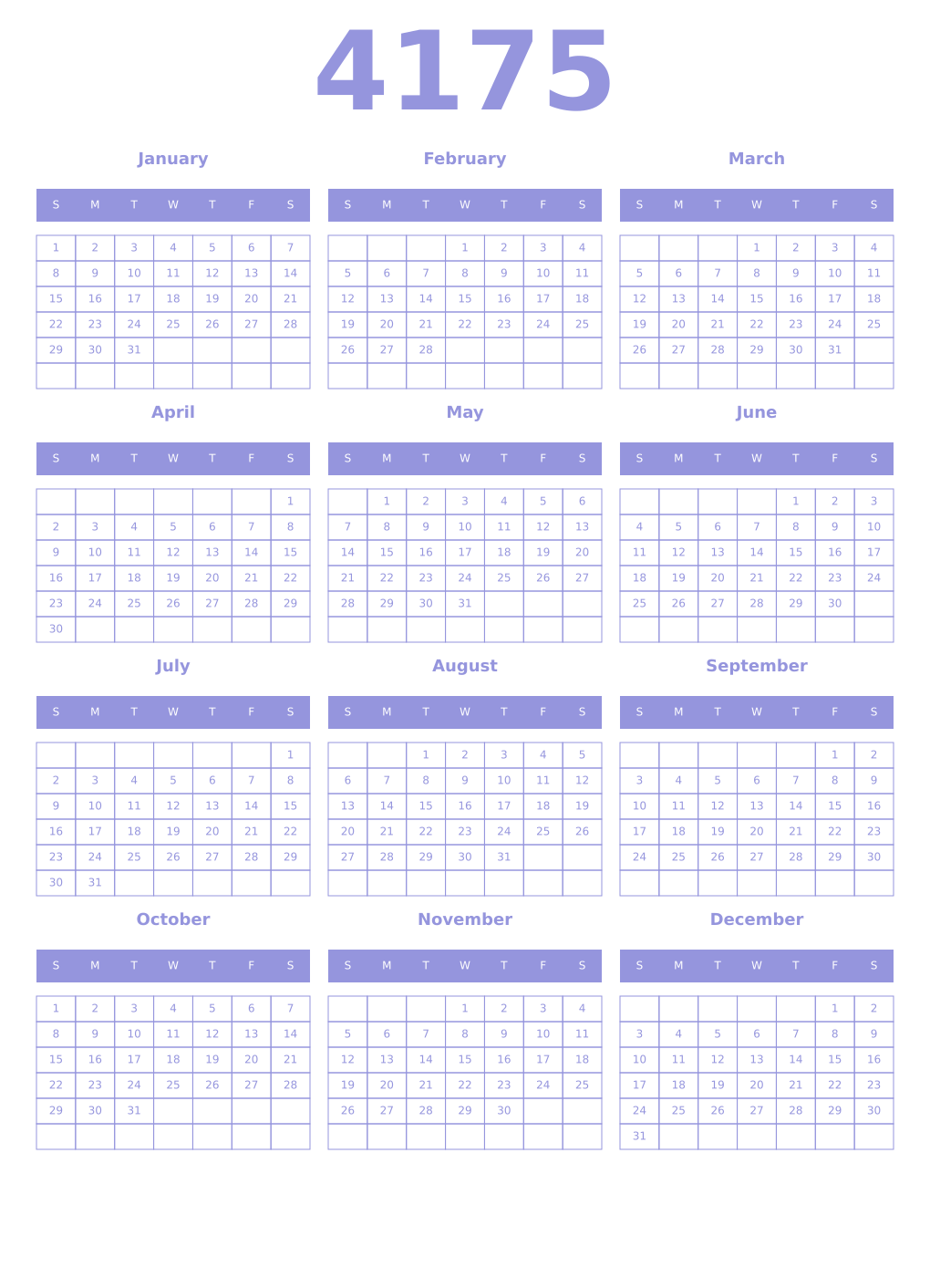 Printable 4175 Year Calendars periwinkle