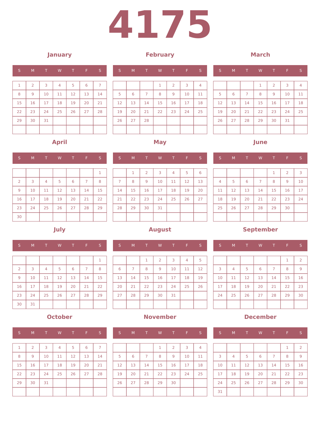 Printable 4175 Year Calendars puce