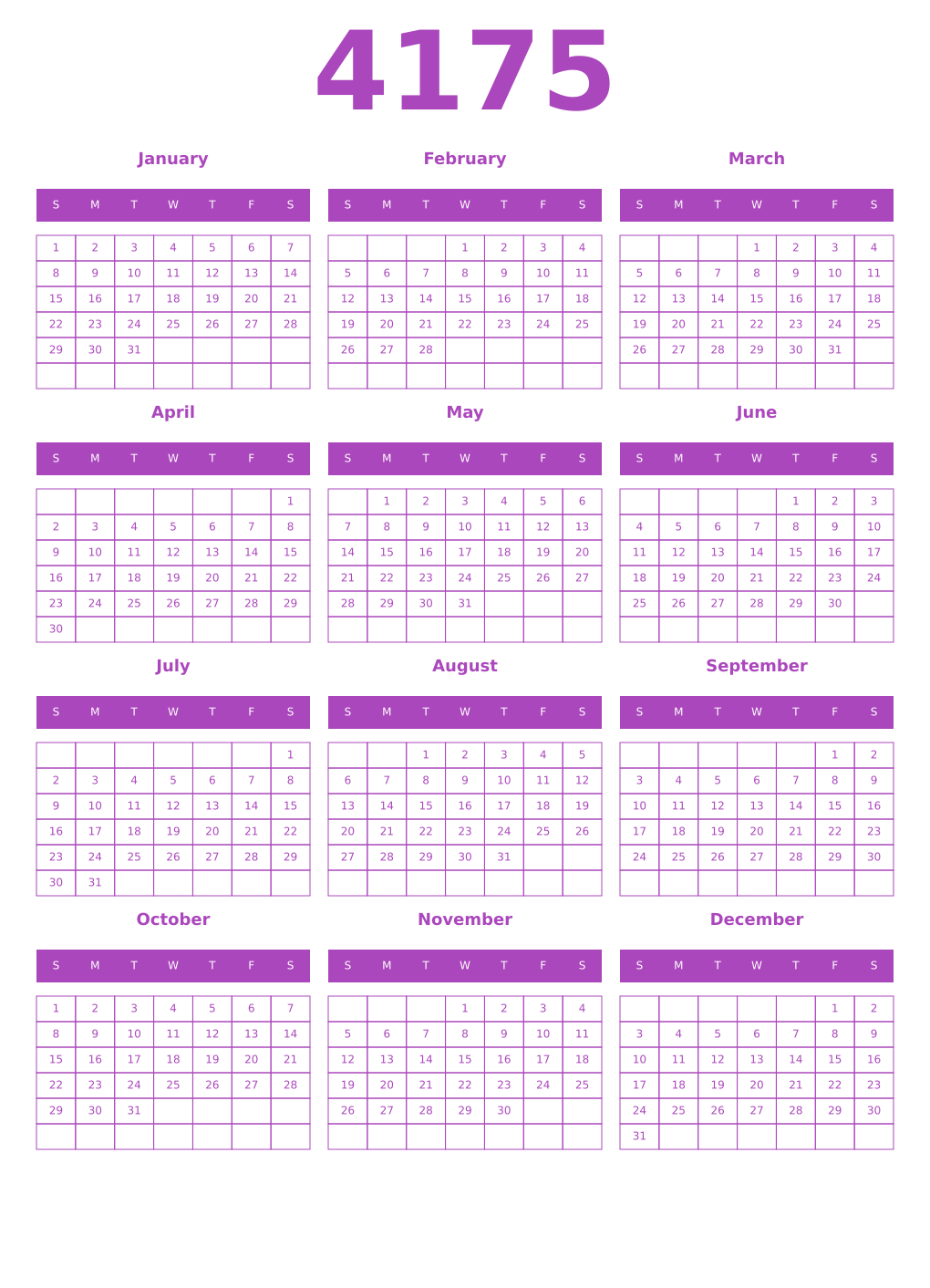 Printable 4175 Year Calendars purple